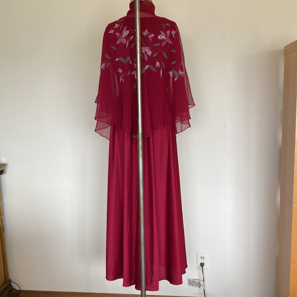 70s 2-piece set, maxi sleeveless dress and sheer floral capelet, burgundy, S - Picture 1 of 16